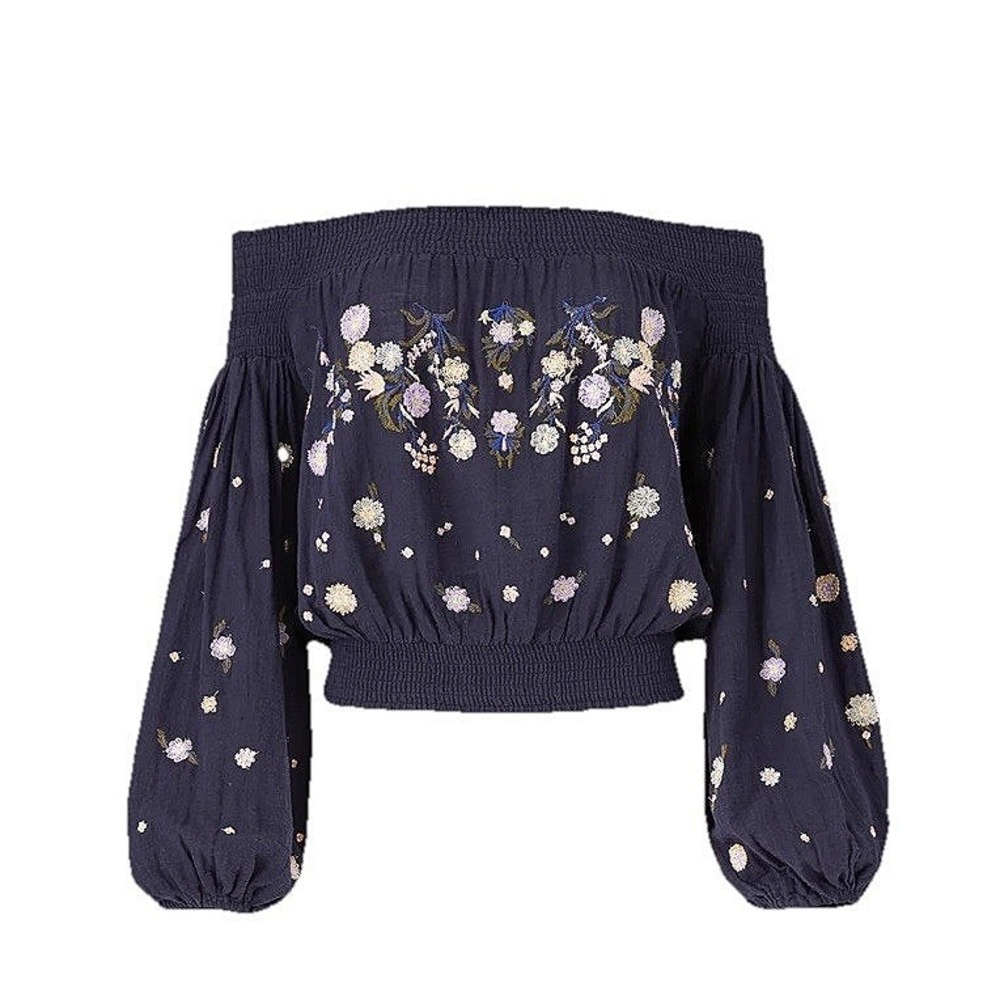 Free People Embroidered Off The Shoulder Blouse Navy Blue Floral Smocked Top S